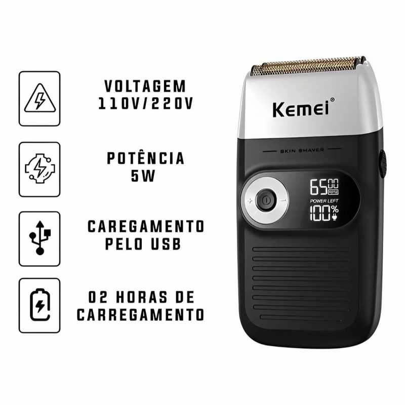 Barbeador Elétrico Profissional Aparador de Pelos Recarregável Bivolt com Case Kemei KM-2026