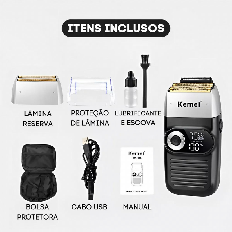 Barbeador Elétrico Profissional Aparador de Pelos Recarregável Bivolt com Case Kemei KM-2026